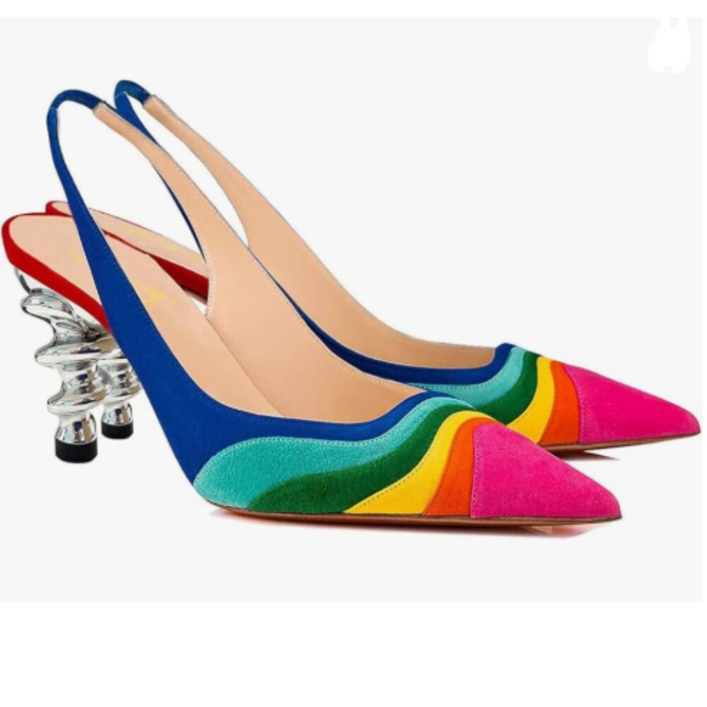 FOWT Rainbow Color Stripes Strange Spiral Heel Pump Slip On Slingback Sandals